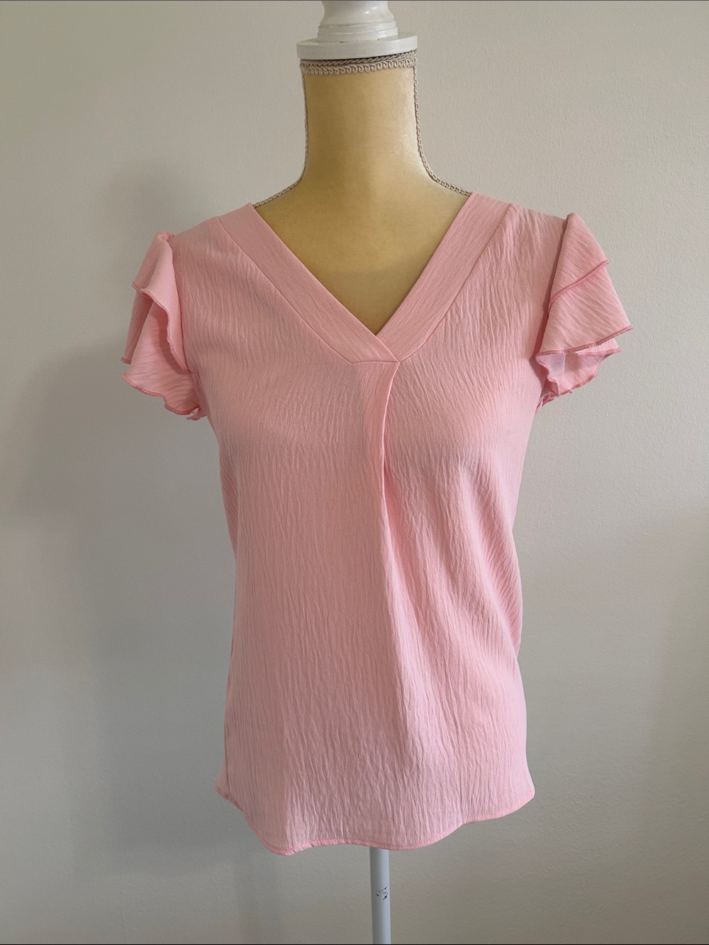 Light Pink V-Neck Flutter Sleeve Blouse